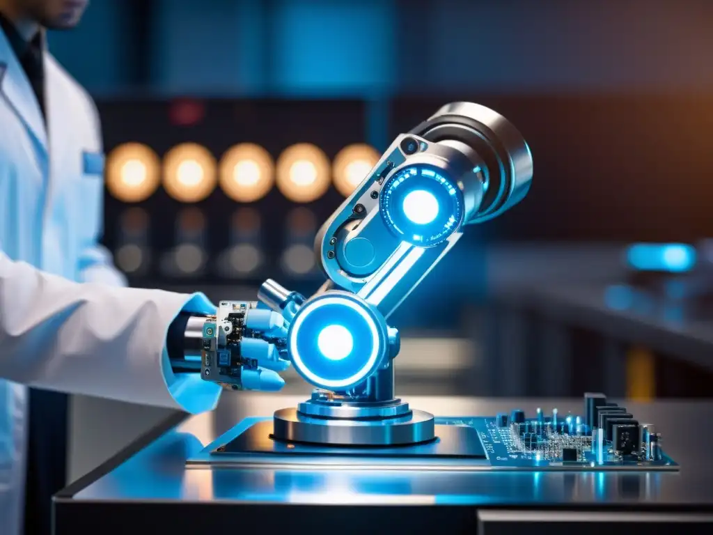 Un brazo robótico futurista manipulando una placa de circuito en un laboratorio de alta tecnología