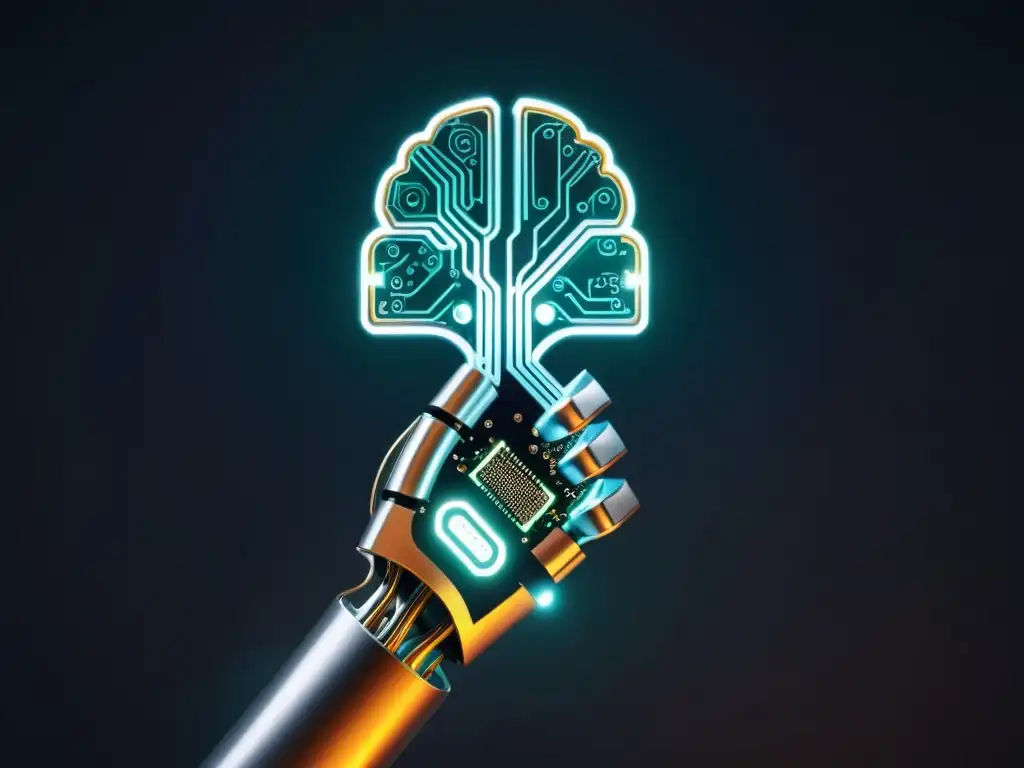 Un brazo robótico futurista sostiene una placa de circuito con forma de cerebro, simbolizando la intersección de la inteligencia artificial y la protección de la propiedad intelectual robótica