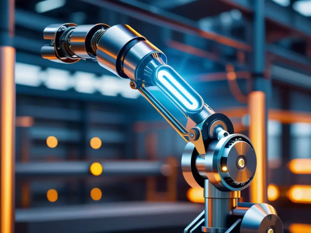 Un brazo robótico futurista y preciso ensambla componentes en una instalación industrial de alta tecnología