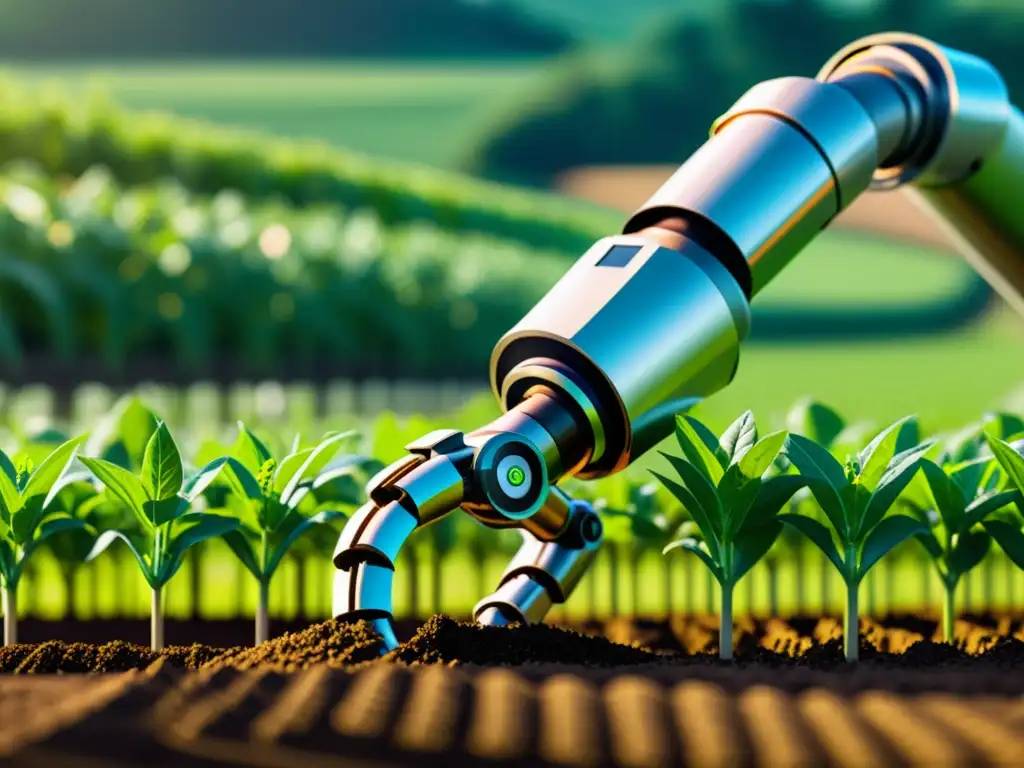 Un brazo robótico futurista planta semillas en un campo agrícola tecnológicamente avanzado
