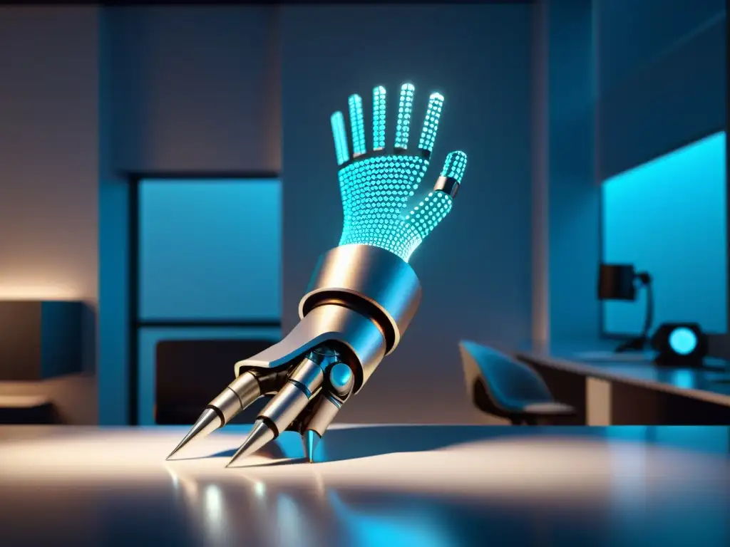 Un brazo robótico futurista crea un símbolo de marca holográfica en un entorno de oficina minimalista con tecnología avanzada y luces dinámicas, simbolizando la intersección de la identidad comercial única con marcas registradas y la robótica avanzada en el mundo empresarial moderno
