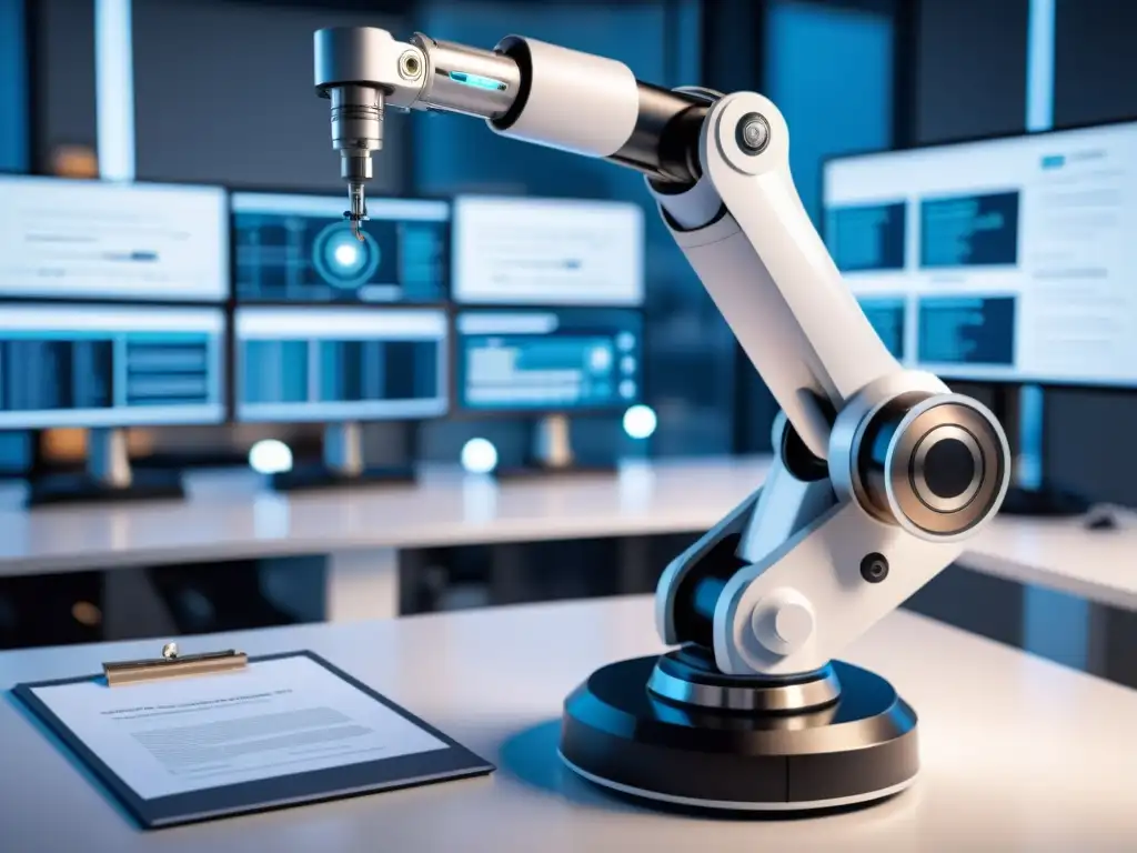 Un brazo robótico futurista trabaja en una solicitud de patente, rodeado de tecnología AI en una oficina moderna