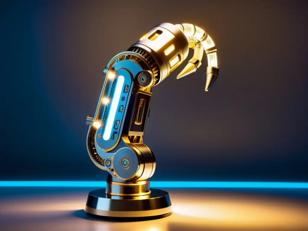 Un brazo robótico futurista ensambla tecnología innovadora en un laboratorio de alta tecnología