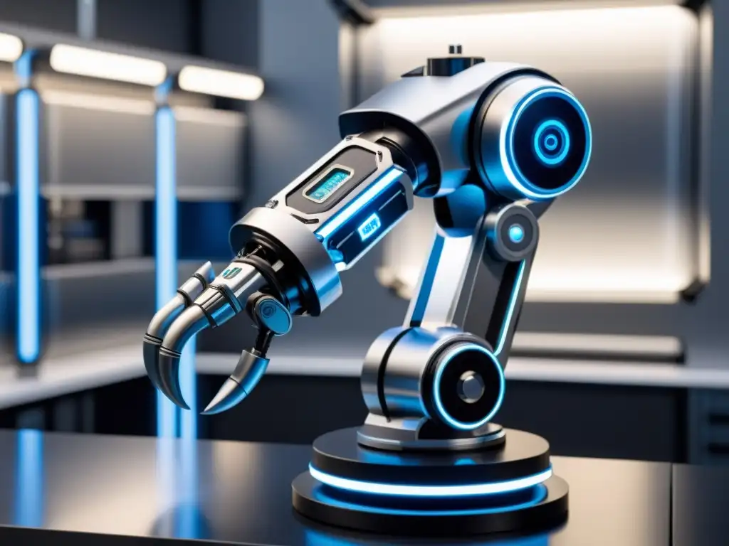 Un brazo robótico futurista en tonos metálicos y detalles intrincados, en un laboratorio de alta tecnología