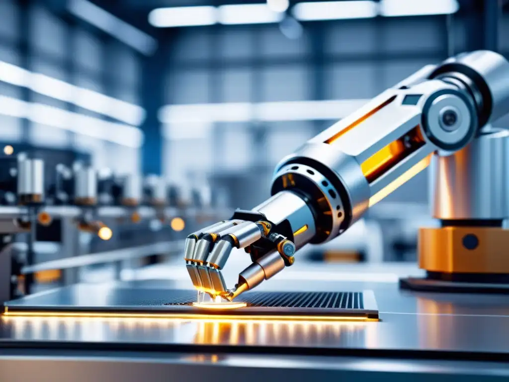 Un brazo robótico industrial ensambla componentes electrónicos en una fábrica futurista, iluminada con LED brillantes y superficies metálicas, transmitiendo el concepto de automatización avanzada y tecnología en maquinaria industrial controlada por software