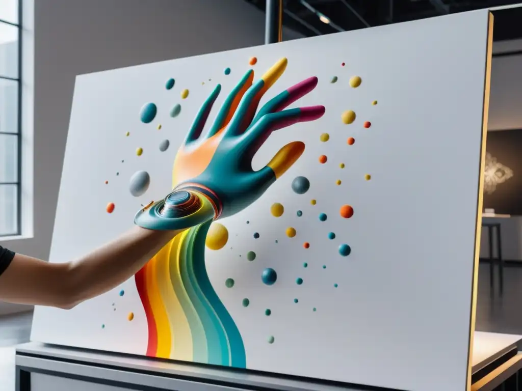 Un brazo robótico pintando intrincadas formas en un estudio futurista, fusionando arte y automatización