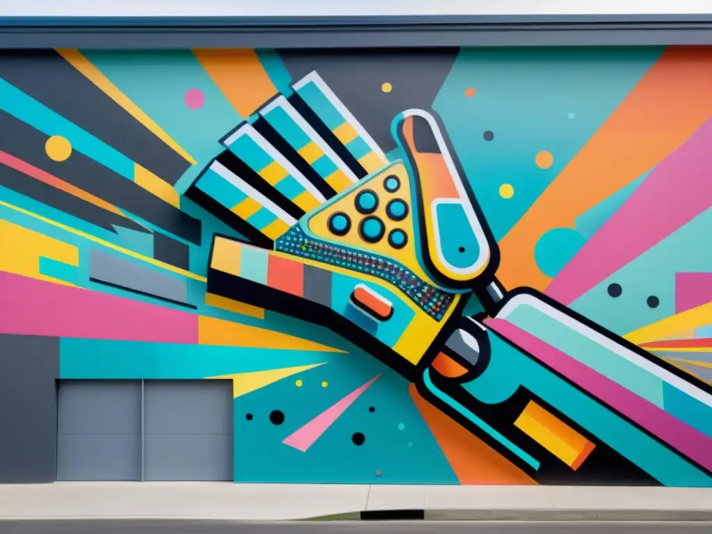 Un brazo robótico pintando un mural colorido y detallado con precisión, fusionando elementos humanos y máquinas en una galería futurista