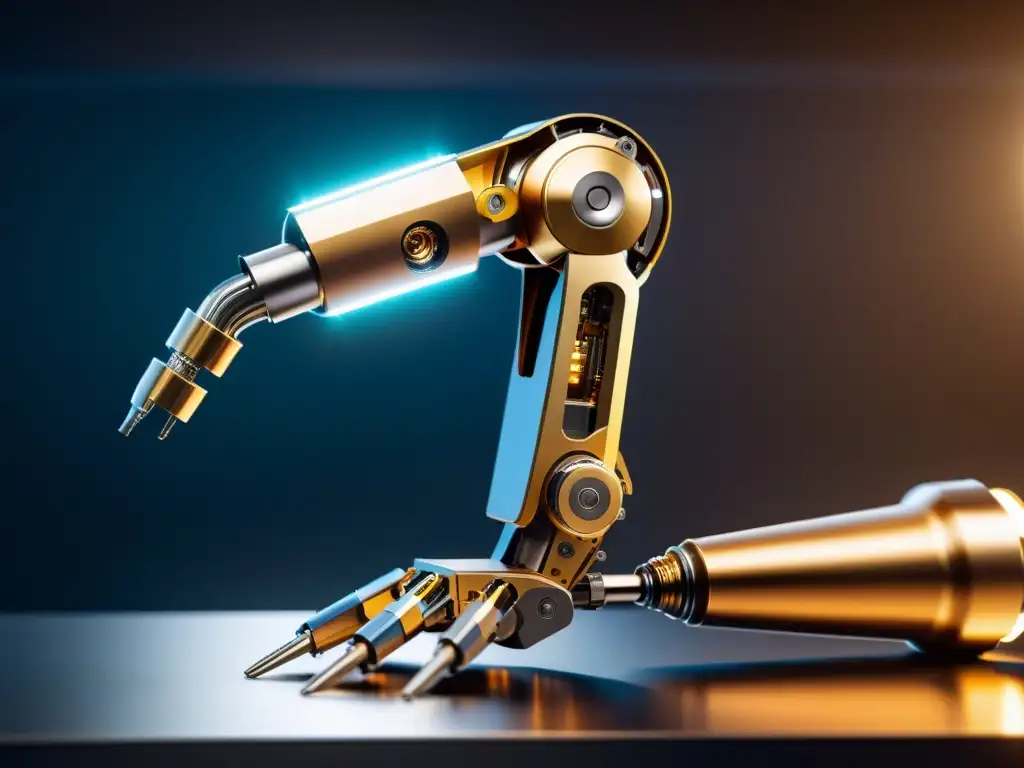 Un brazo robótico de alta resolución ensambla componentes mecánicos con precisión, en un entorno futurista