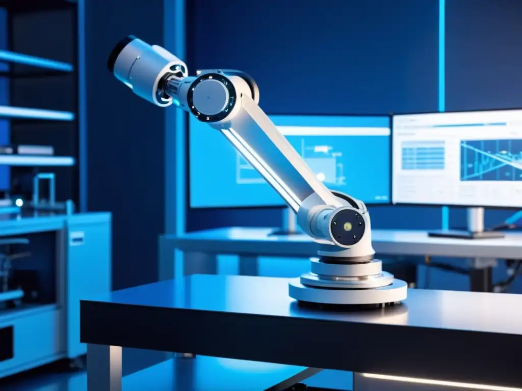 Un brazo robótico de vanguardia fabrica componentes precisos en un laboratorio moderno, iluminado por luz azul suave