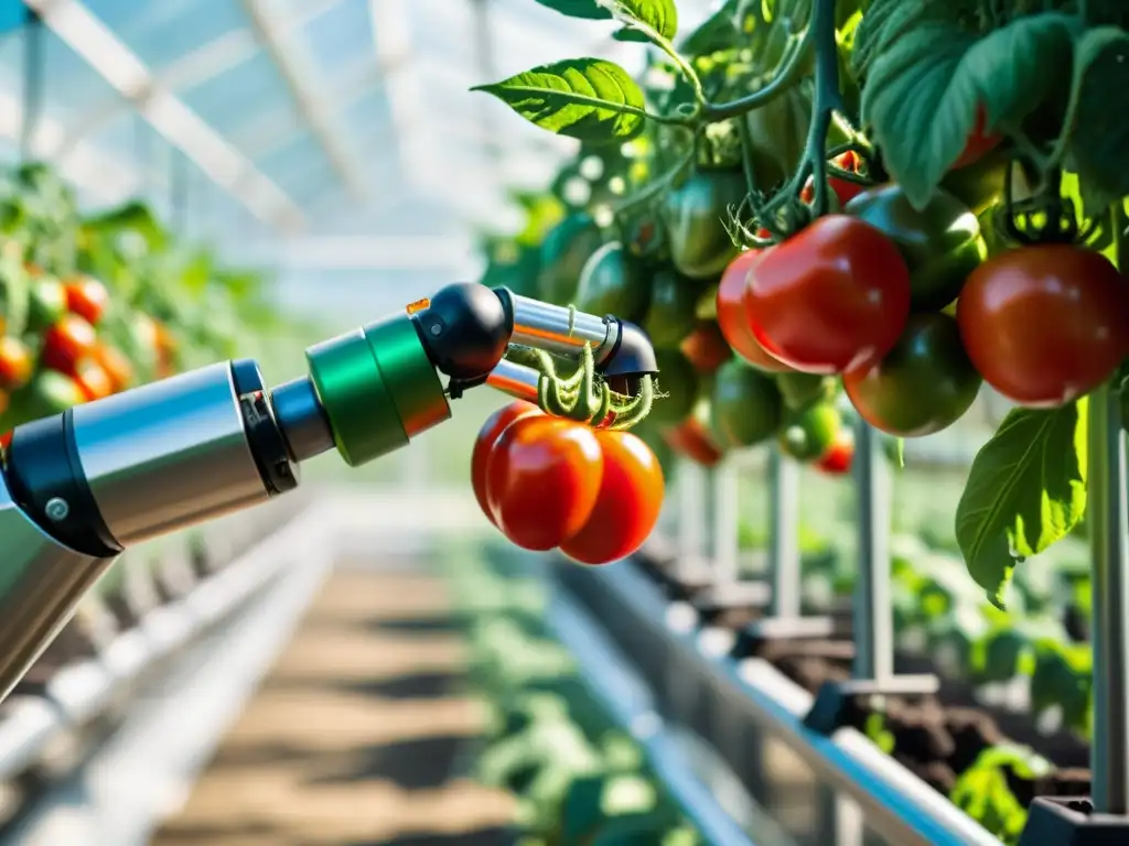 Un brazo robótico de vanguardia recolecta tomates maduros en un invernadero soleado