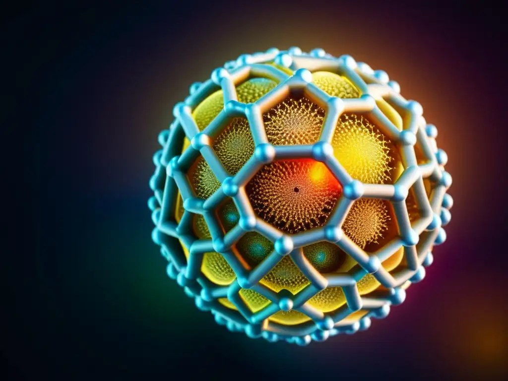 Nanopartícula brillante con estructura de red, interactuando con moléculas circundantes