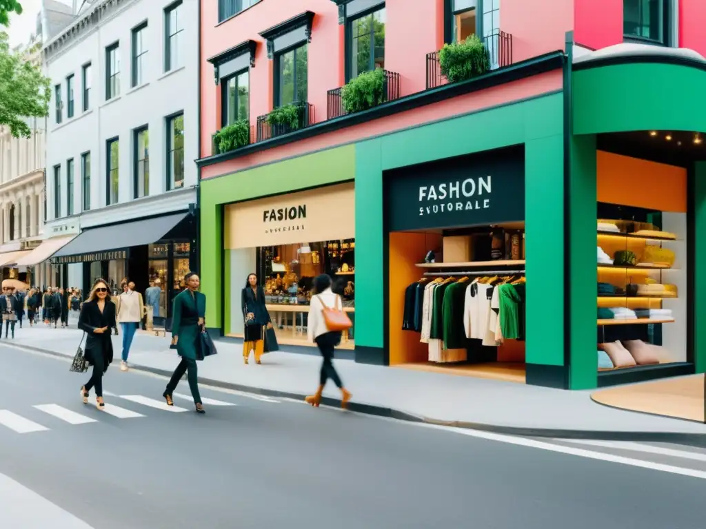 Una bulliciosa calle de la ciudad con boutiques de moda y tiendas ecoamigables, fusionando marcas moda sostenibilidad retos oportunidades