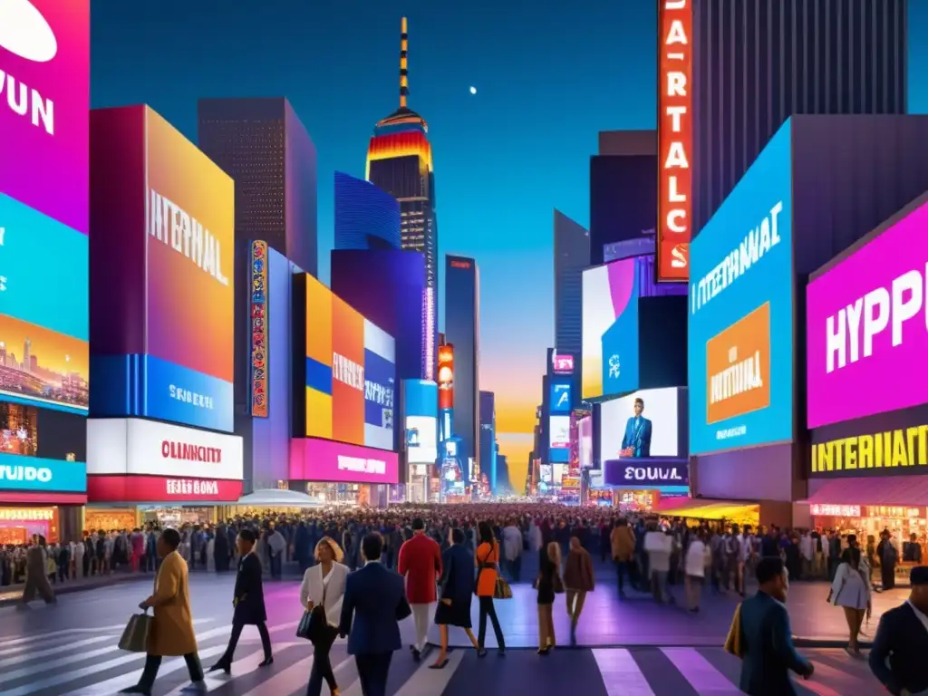 Una bulliciosa calle de la ciudad de noche con rascacielos iluminados por brillantes carteles de marcas internacionales en entretenimiento