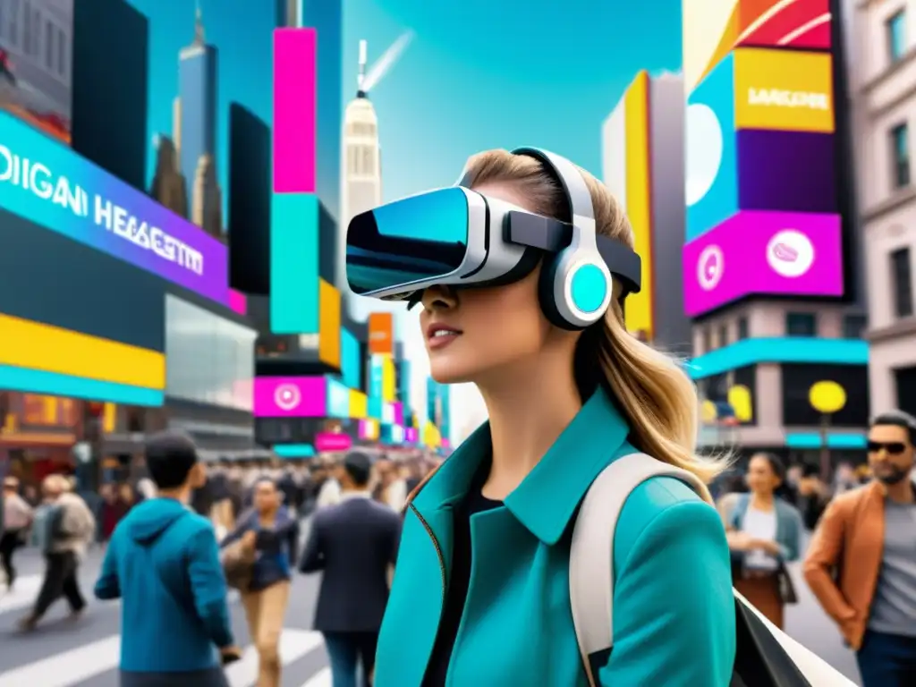 Una bulliciosa calle de la ciudad con personas usando visores de realidad aumentada, integrando la tecnología en la vida urbana