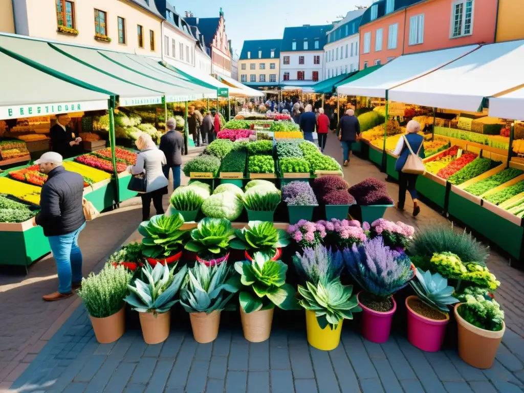 Una bulliciosa plaza europea con variadas plantas y gente animada, resaltando la protección de obtenciones vegetales en la Comunidad Europea