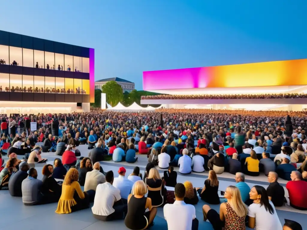 Un bullicioso evento público en una plaza llena de gente, con un escenario central donde artistas muestran sus talentos