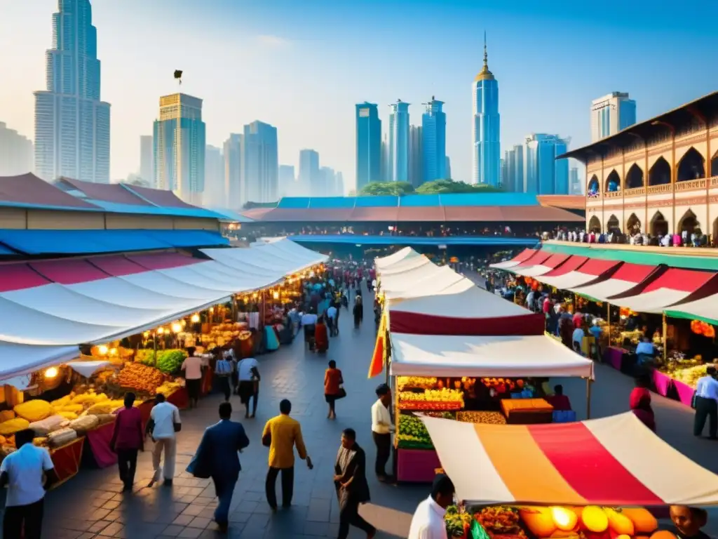 Un bullicioso mercado en una ciudad vibrante, con puestos de colores y una mezcla de tradición e innovación