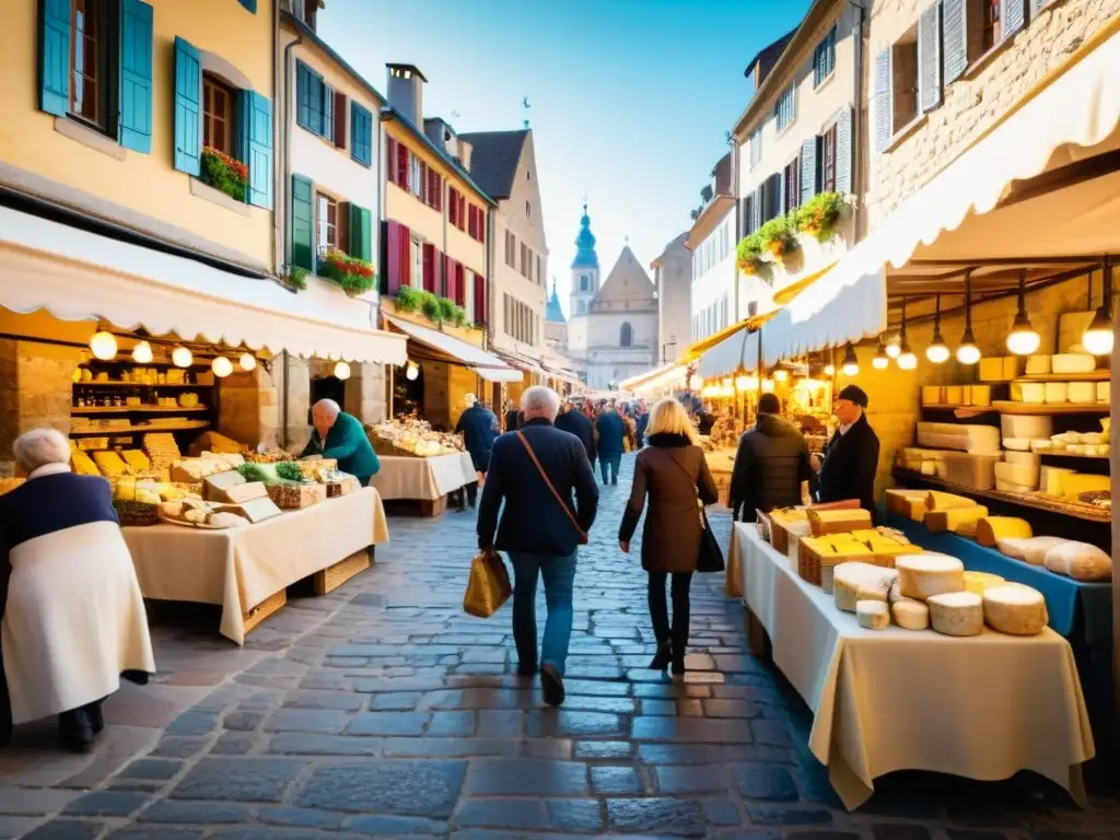 Un bullicioso mercado europeo rodeado de edificios históricos con ventanas coloridas