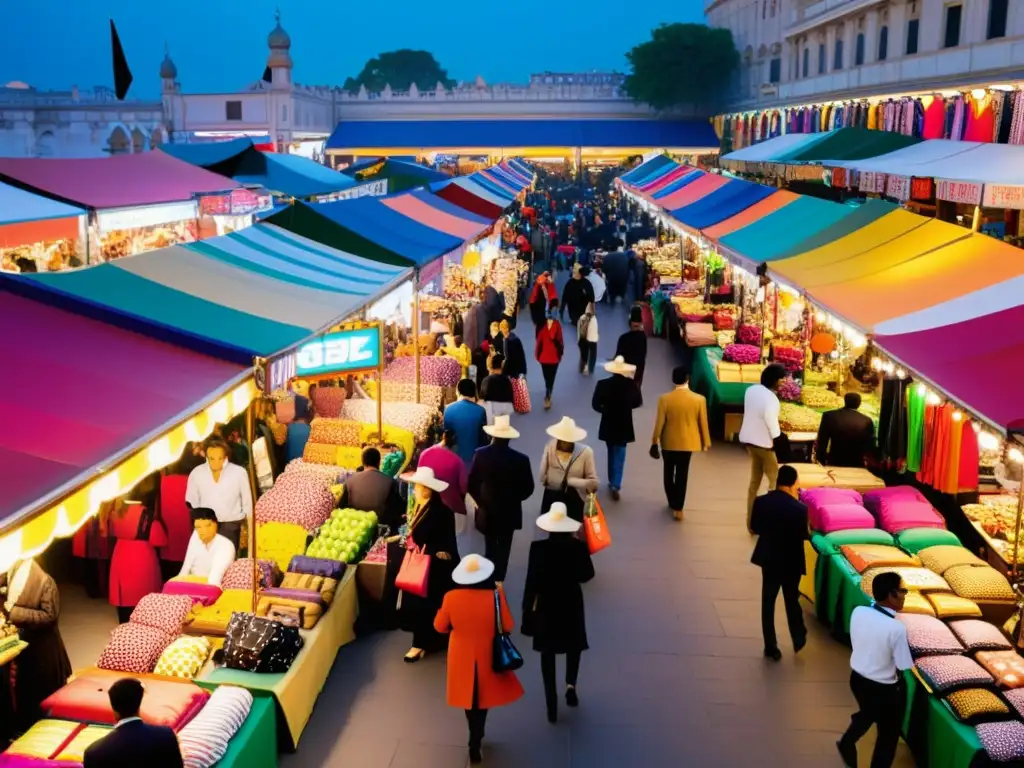 Un bullicioso mercado lleno de coloridas tiendas con falsificaciones de moda