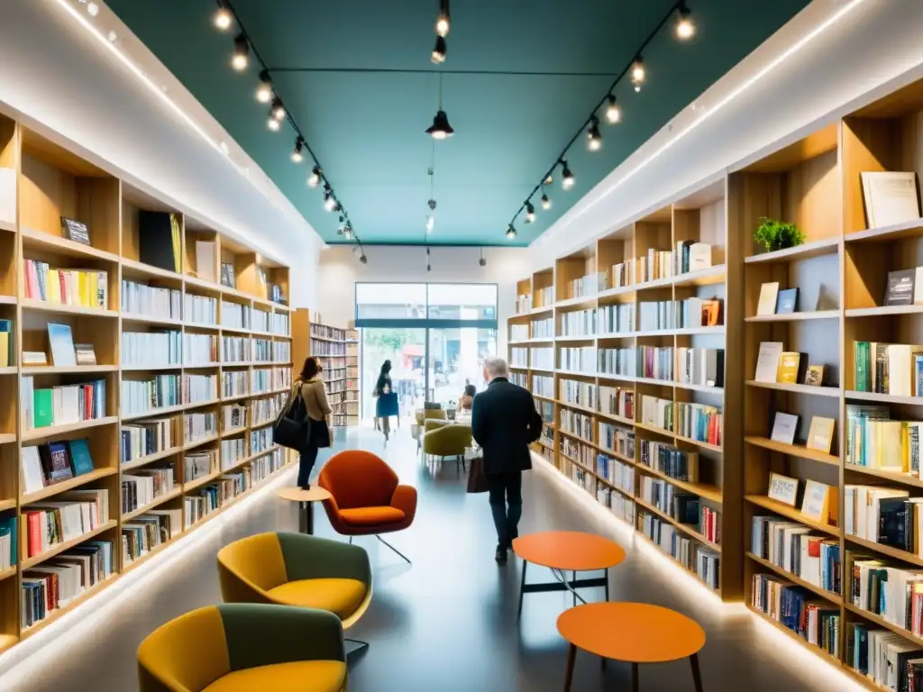 Un bullicioso y moderno ambiente de librería con luz natural