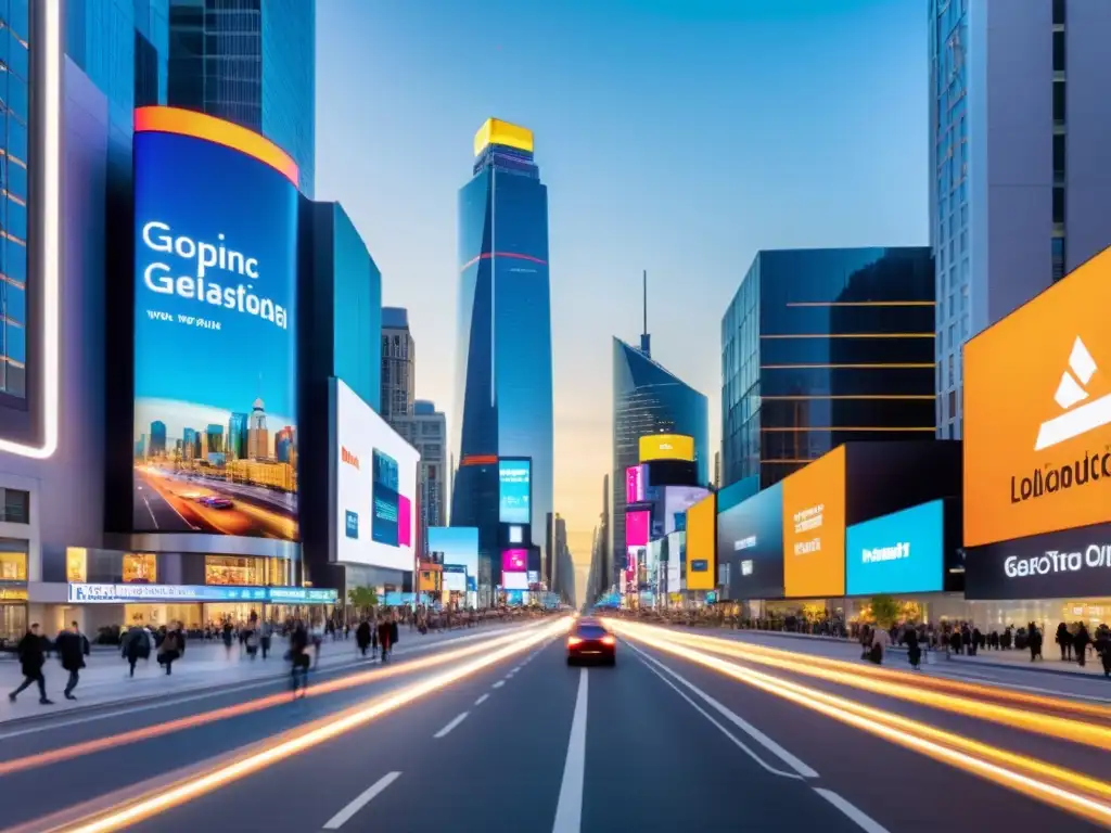 Una calle de la ciudad bulliciosa con edificios altos y elegantes, vallas publicitarias digitales muestran anuncios basados en geolocalización