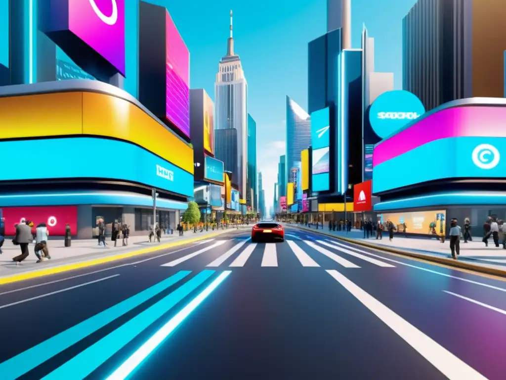 Una calle de la ciudad bulliciosa con pantallas de realidad aumentada futurista integradas en el paisaje urbano