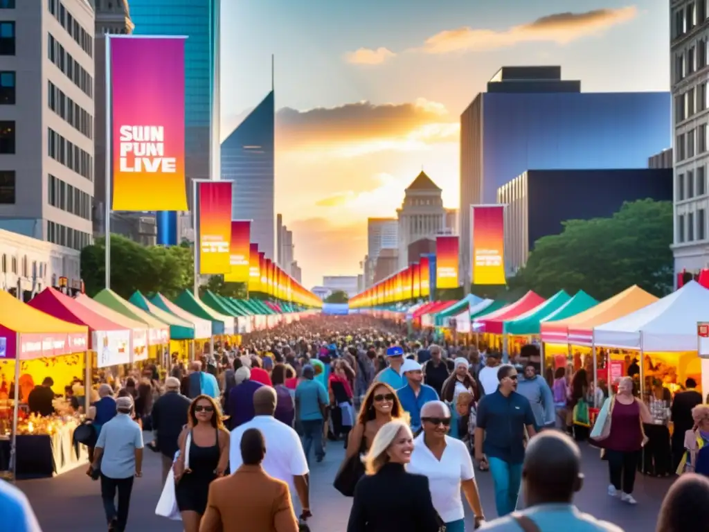 Una calle de la ciudad vibrante y bulliciosa llena de personas y coloridas pancartas de eventos, mostrando la emoción y energía de eventos en vivo