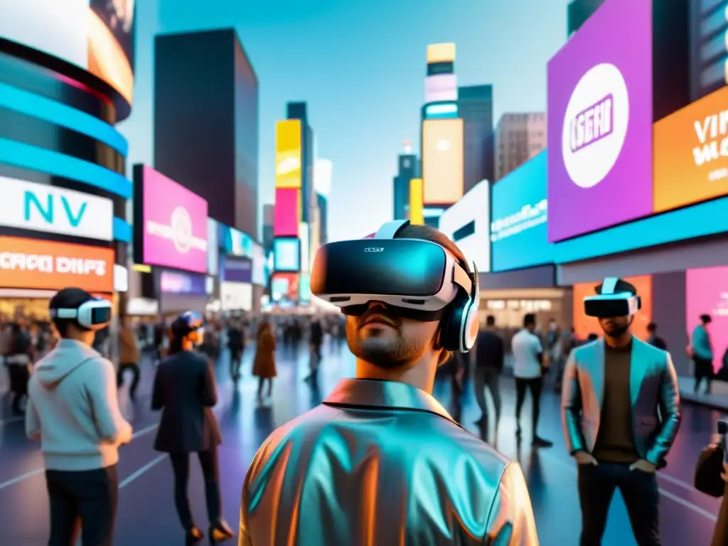 Una calle futurista llena de gente usando gafas de realidad virtual, discutiendo sobre adaptaciones virtuales de películas