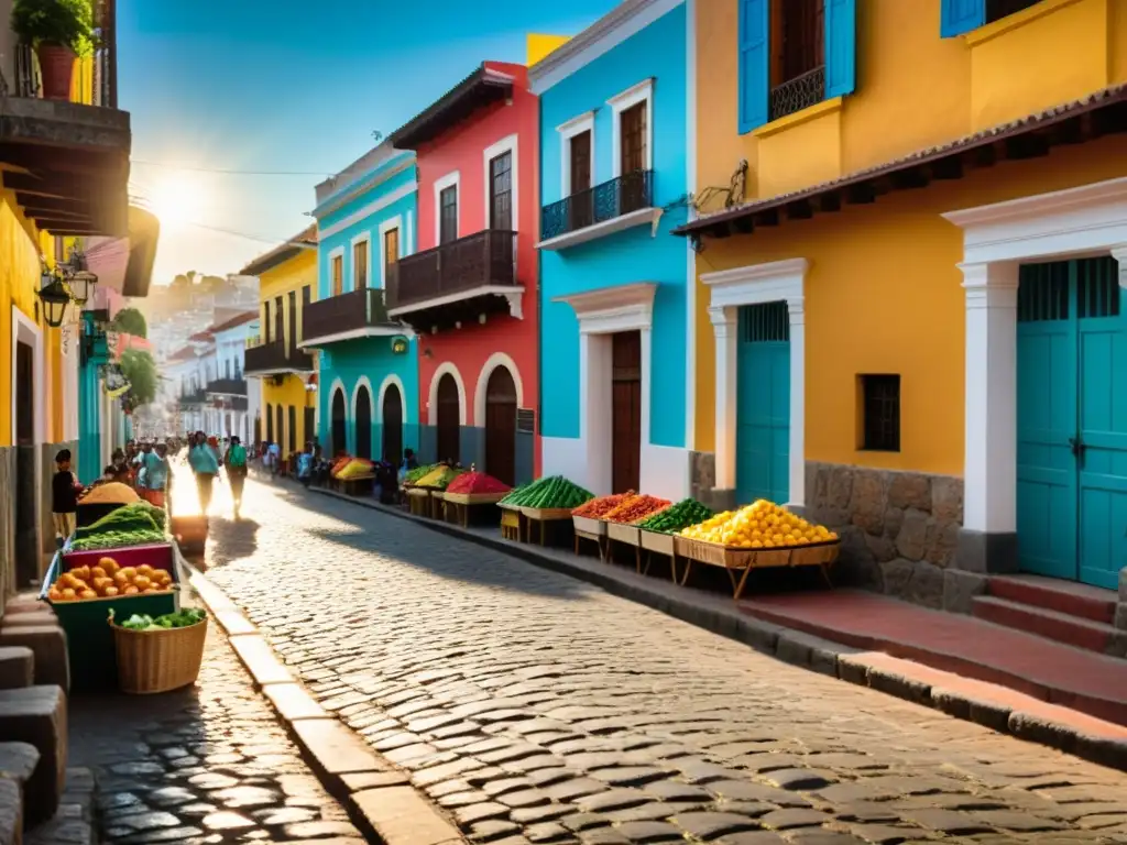 Una calle histórica de América Latina con arquitectura colonial colorida, vendedores callejeros y multitudes