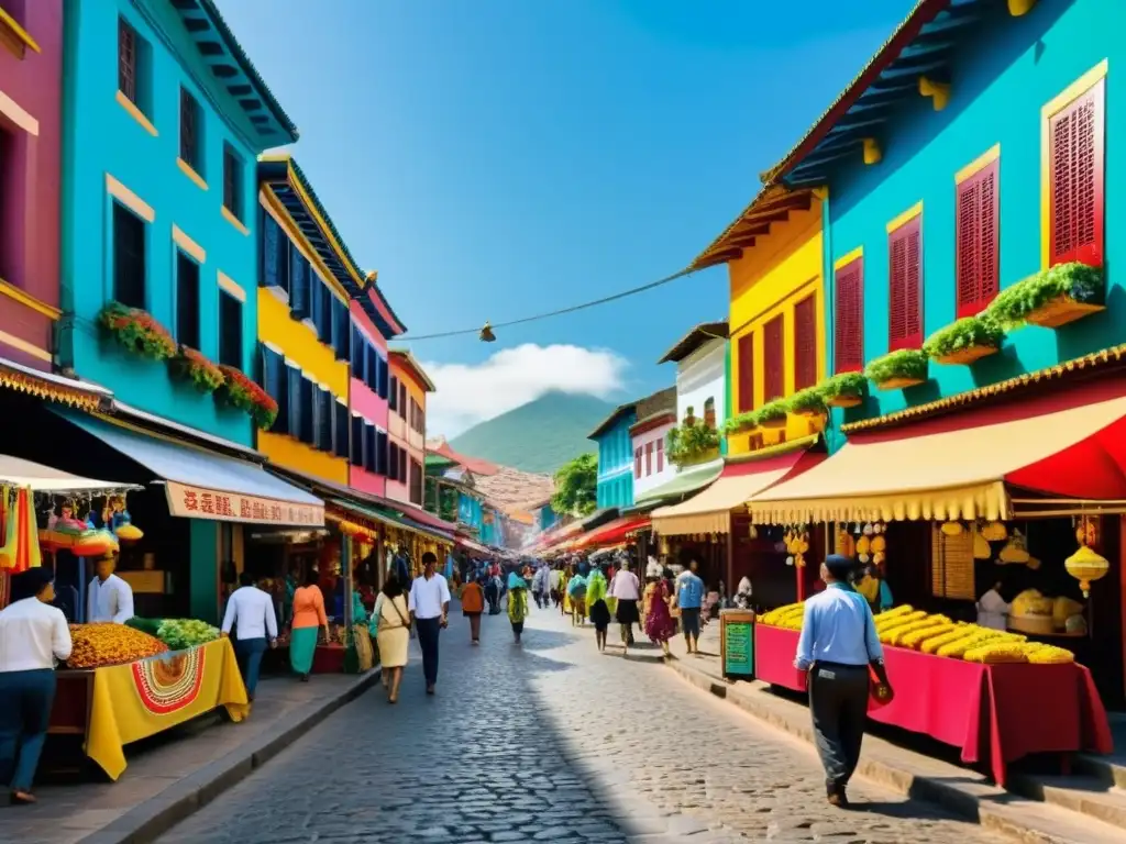 Calles llenas de vida en una ciudad histórica, con edificios coloridos y decoraciones culturales