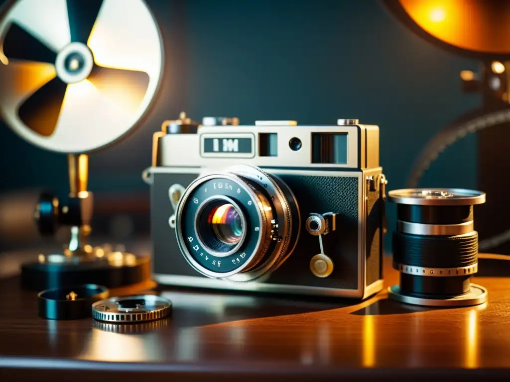 Una cámara de cine 16mm vintage en una sala de edición iluminada cálidamente, evocando la esencia de los derechos de autor en cine documental