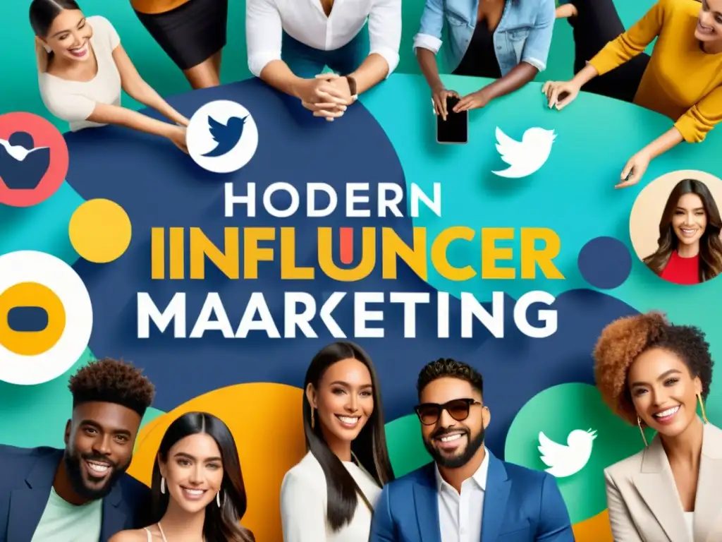 Una campaña de marketing de influencia moderna con influencers diversos creando y compartiendo contenido en redes sociales