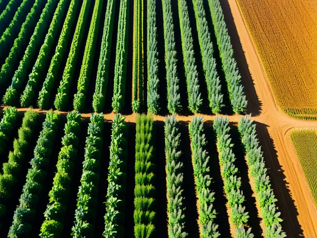 Un campo de cultivos genéticamente modificados con un laboratorio futurista al fondo