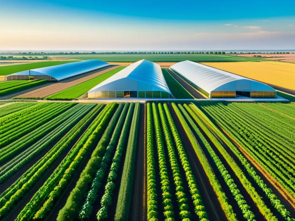 Campo agrícola exuberante con cultivos vibrantes, moderno sistema de riego y tecnología innovadora