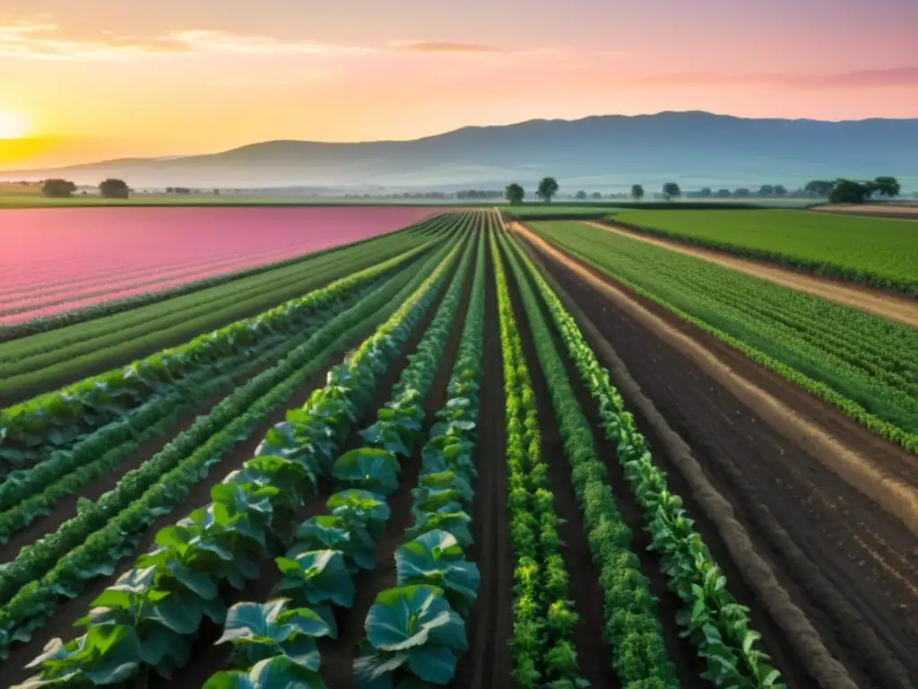 Un campo agrícola exuberante con cultivos vibrantes y granjas trabajando al atardecer, reflejando estrategias para patentar innovaciones en agronomía