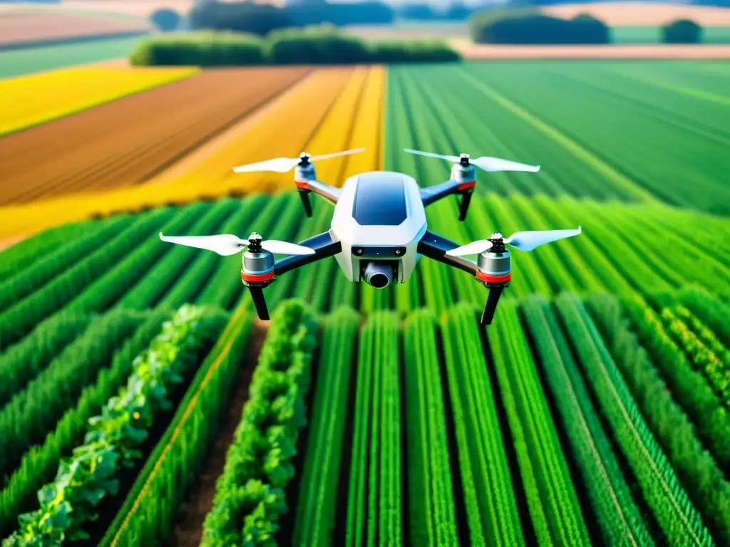 Un campo agrícola futurista con tecnología de precisión integrada, mostrando innovación y eficiencia en patentes en la agricultura de precisión