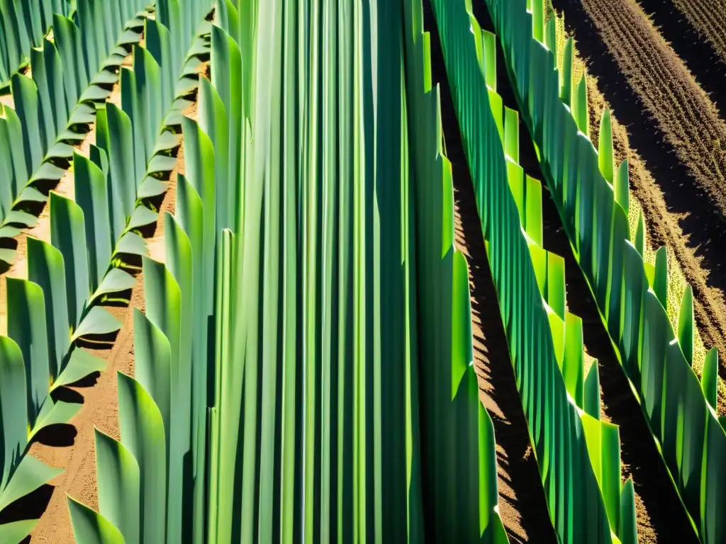 Un campo de maíz genéticamente modificado muestra filas de tallos altos y fuertes con hojas verdes vibrantes y mazorcas de maíz perfectamente formadas