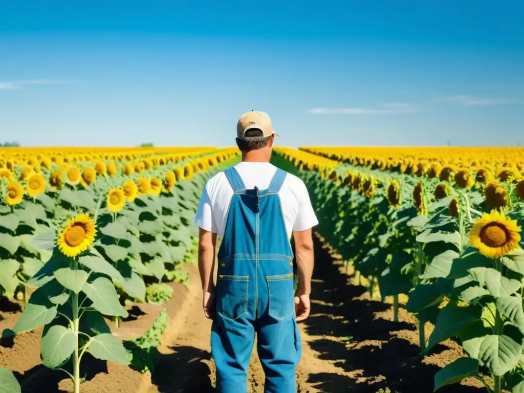 Un campo orgánico exuberante y vibrante, con filas de vegetales coloridos, girasoles altos y un cielo azul claro