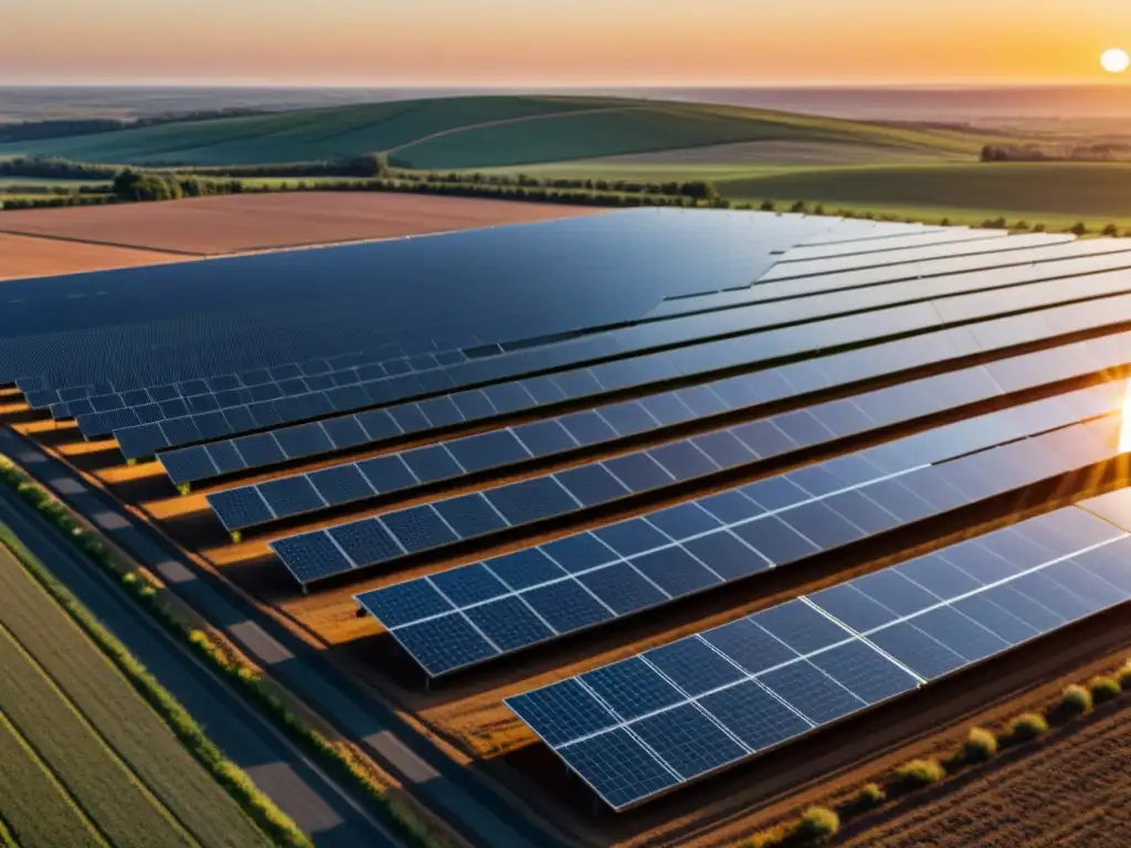 Campo de paneles solares al atardecer, irradiando innovación y sostenibilidad