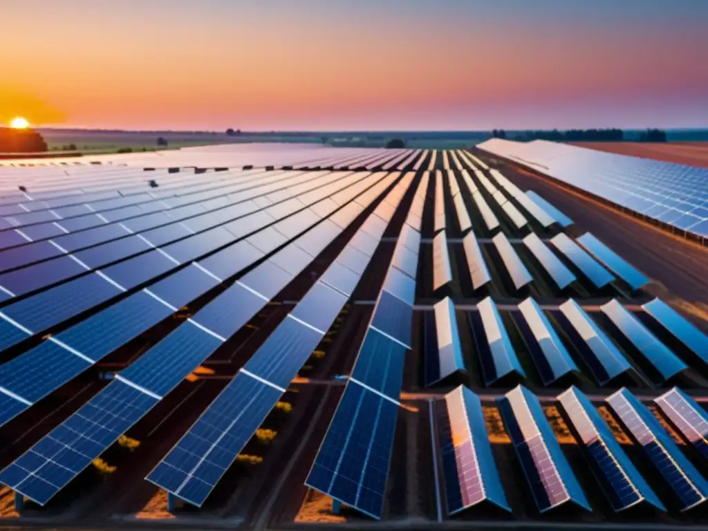 Un campo de paneles solares al atardecer, capturando la última luz del día