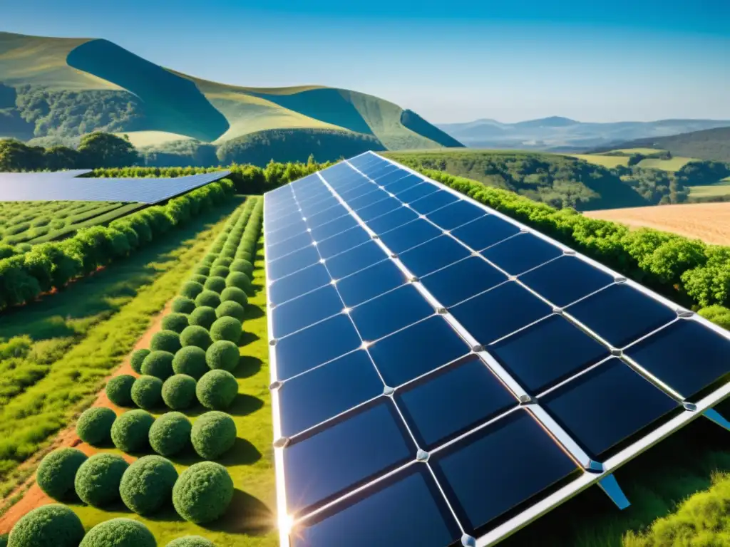 Un campo de paneles solares futuristas en un entorno verde y soleado, representando la competencia global en patentes de energía renovable