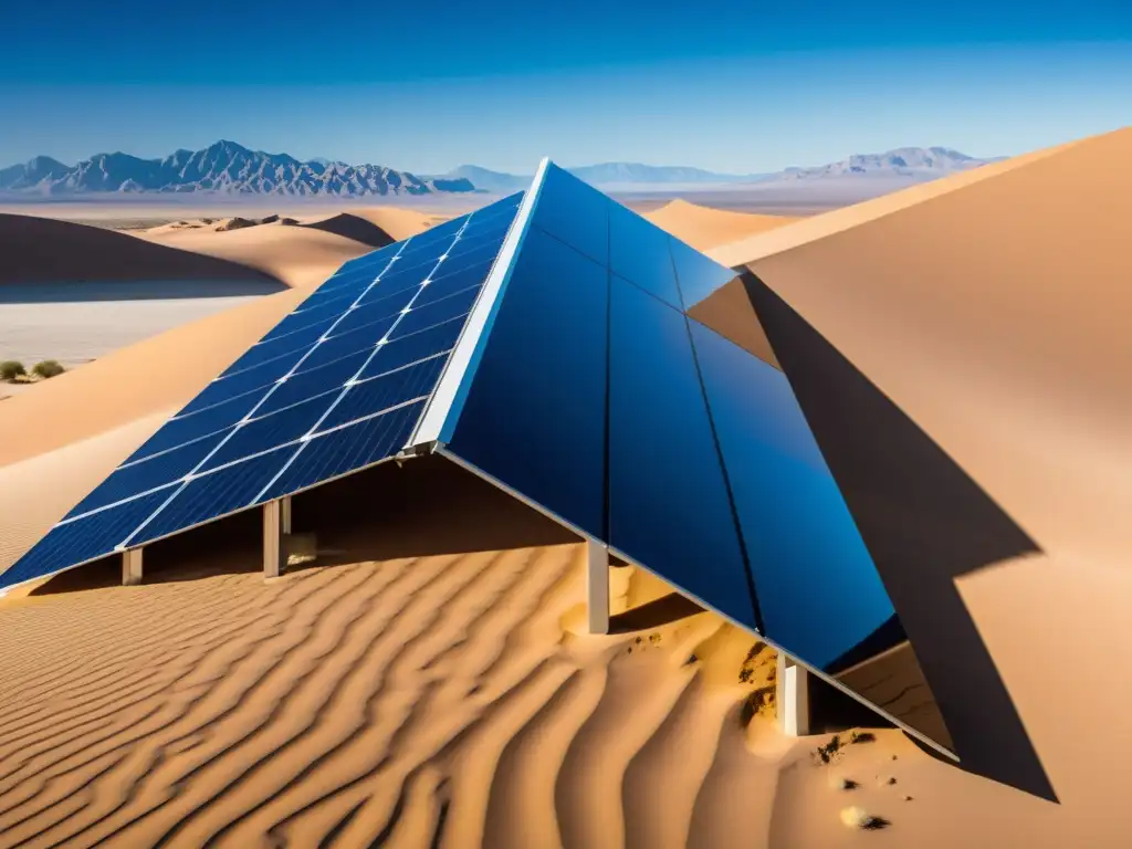 Un campo de paneles solares futuristas en el desierto, reflejando el sol y creando sombras largas