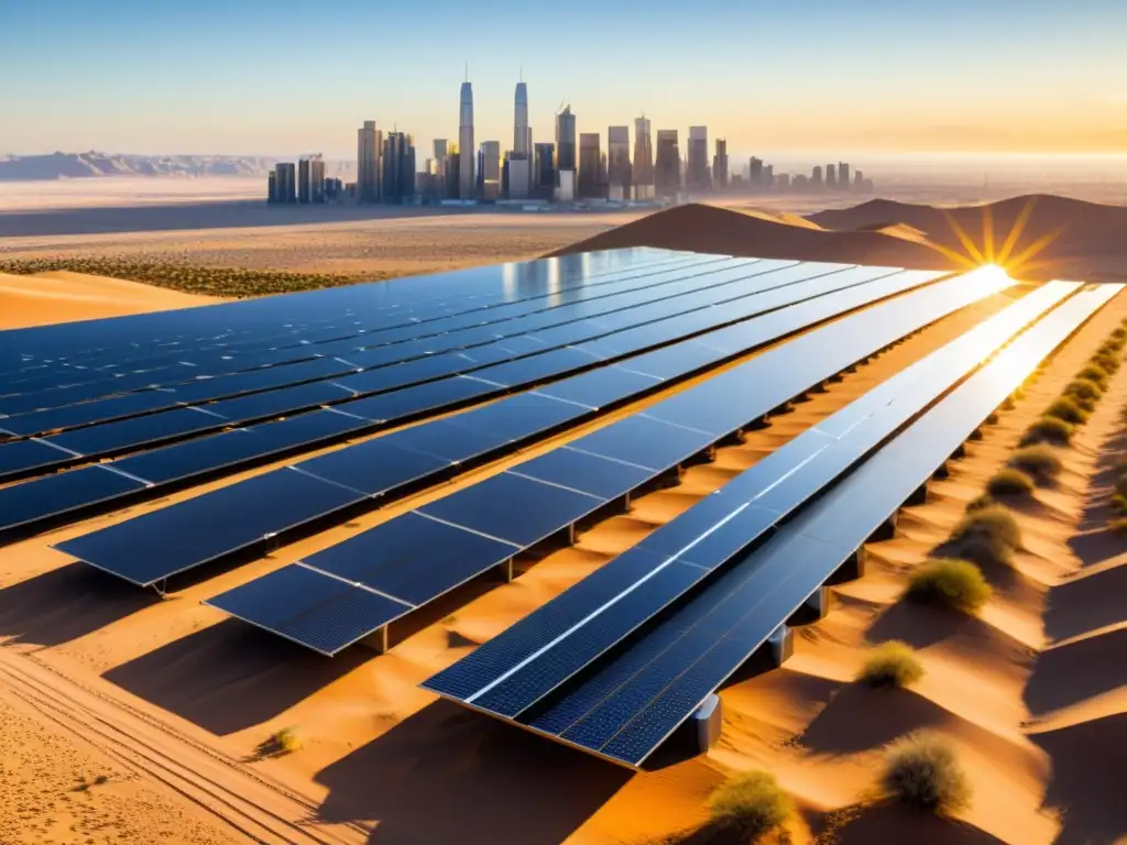 Un campo de paneles solares futuristas en un desierto soleado, con una ciudad moderna al fondo
