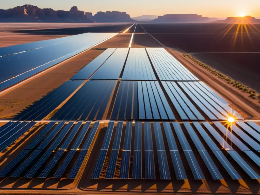 Un campo de paneles solares futuristas en un desierto al atardecer, integrando tecnología renovable
