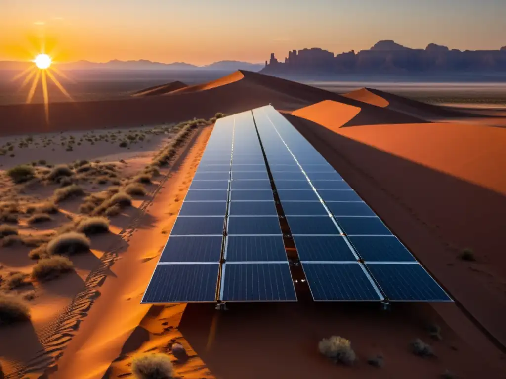 Un campo de paneles solares futuristas se extiende por un desierto al atardecer, simbolizando el potencial de la energía renovable