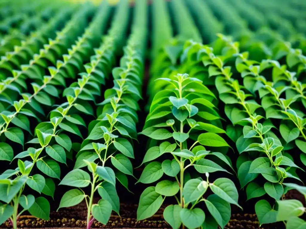 Campo de soja modificada genéticamente, con variedad de tonos verdes y detalles precisos