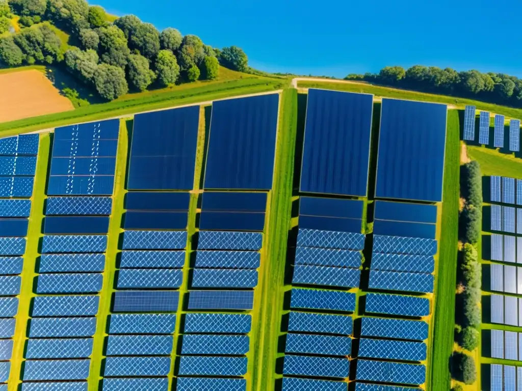 Un campo solar extenso y vibrante, con paneles solares relucientes bajo el sol