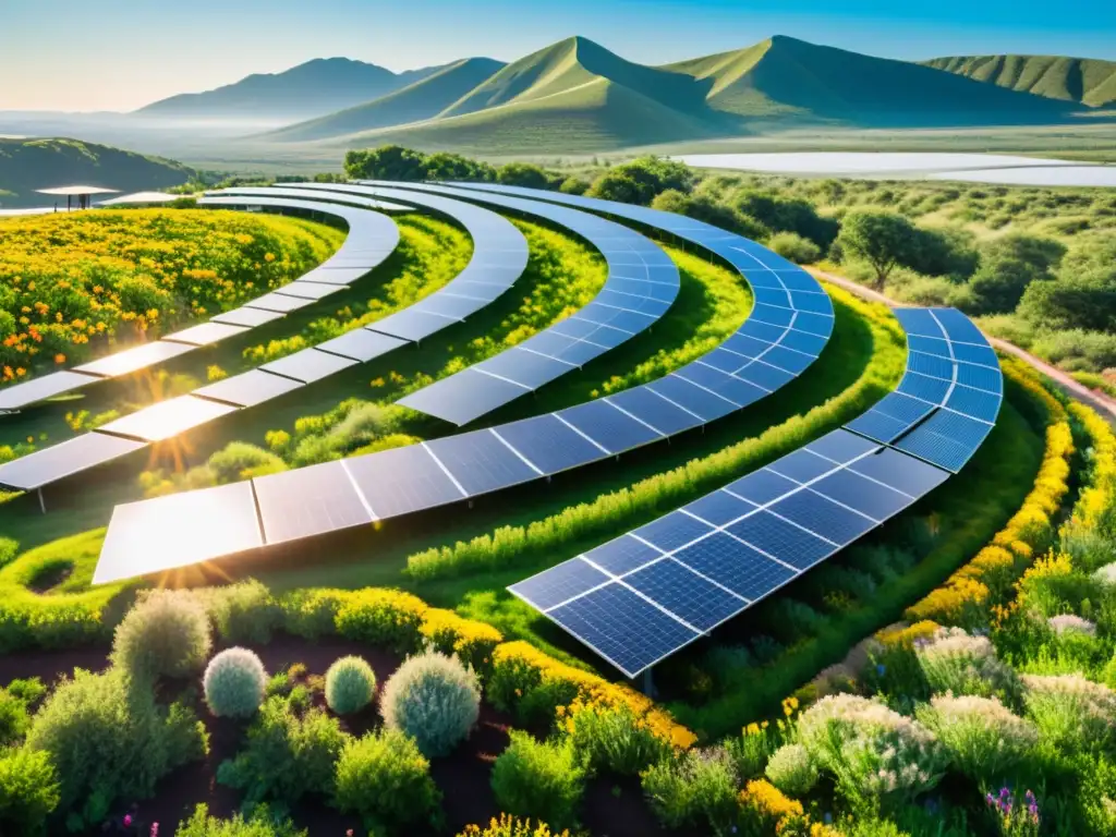 Campo solar futurista con paneles relucientes y naturaleza exuberante