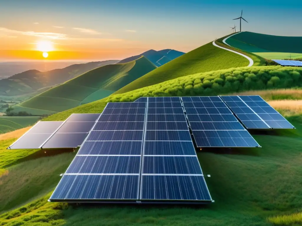 Un campo solar impecable en una colina verde, con el sol poniéndose y bañando el paisaje en una cálida luz