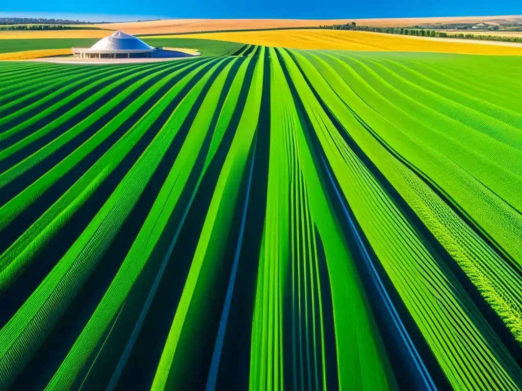 Campo de trigo verde vibrante bajo el sol dorado, con innovadora instalación agrícola